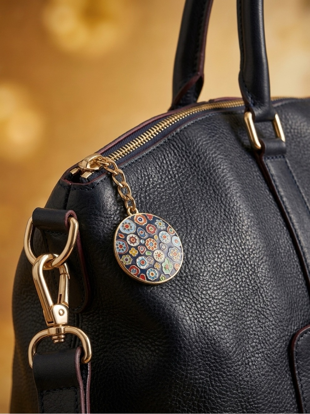 Terrida luxury travel bag Black Leather Tote Bag with Floral Charm.